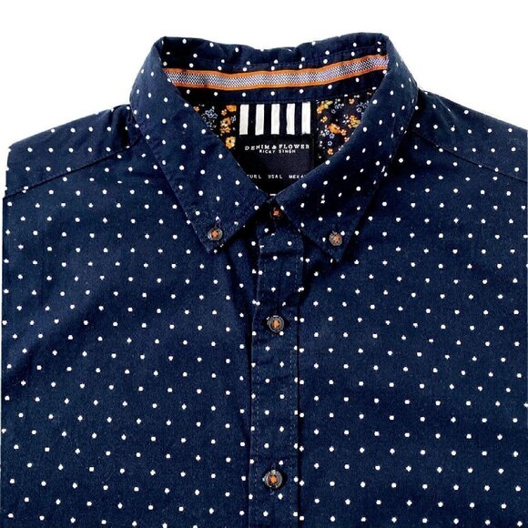 Denim & Flower Ricky Singh Mens size Large Button Front S/S Shirt Navy Polka Dot - Picture 3 of 10